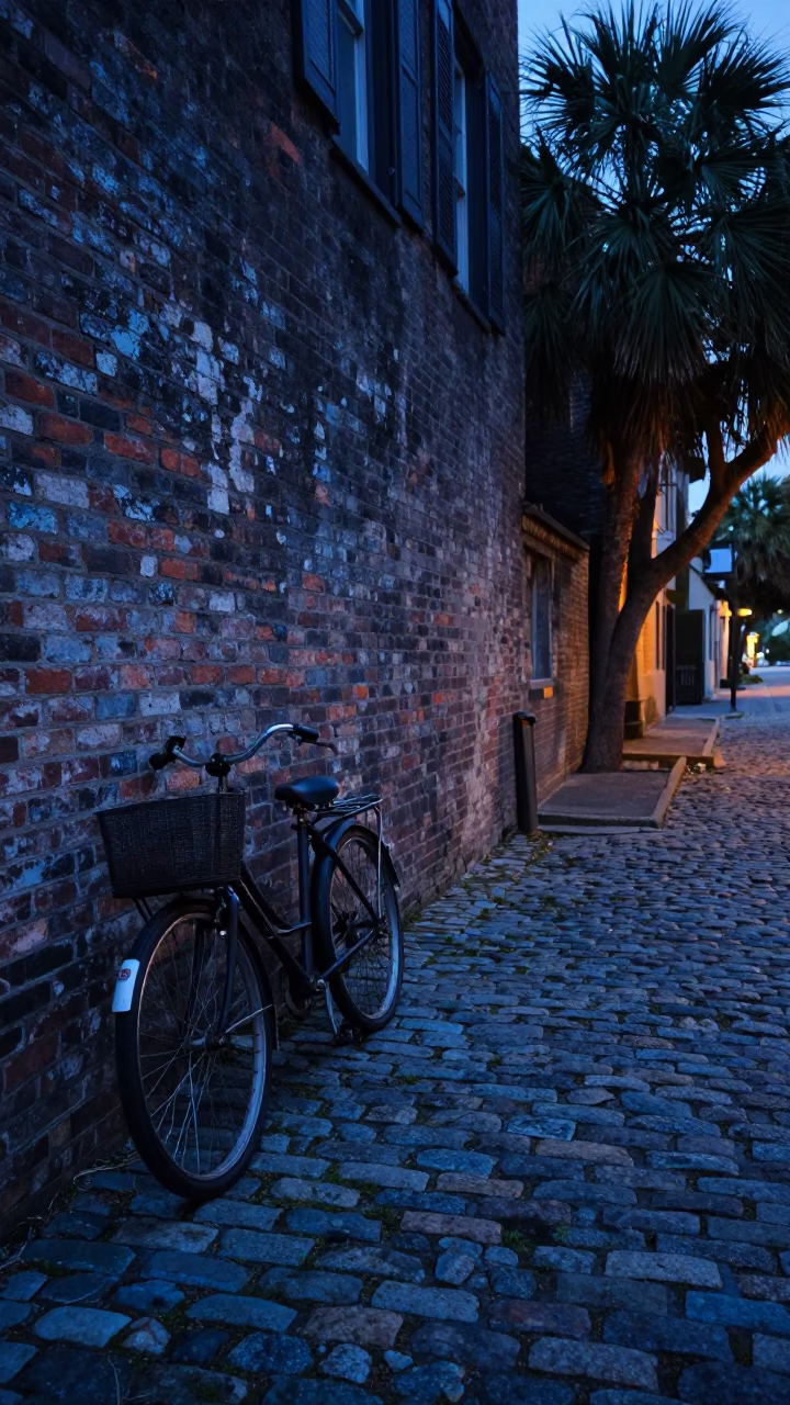 Pre-Dawn Charleston Street Scene with Vintage Bicycle and Cobblestone Alley in in Charleston, South Carolina, United States