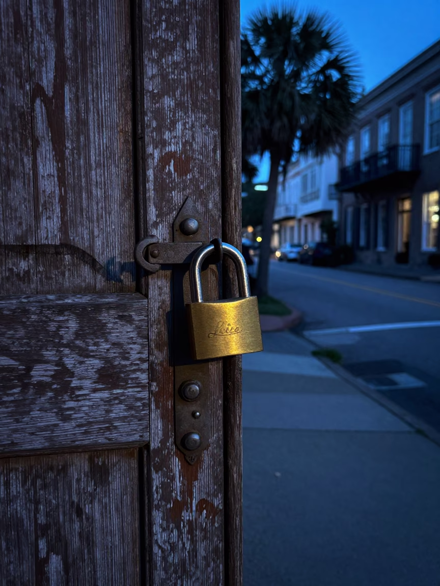 Pre-dawn Charleston street scene with weathered wooden door and brass padlock in in Charleston, South Carolina, United States
