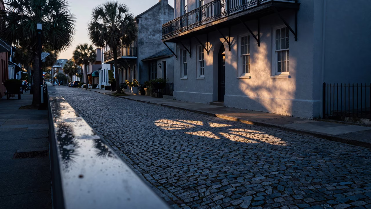 Pre-dawn Charleston street scene with wicker shadow and pollen on bench slat in in Charleston, South Carolina, United States