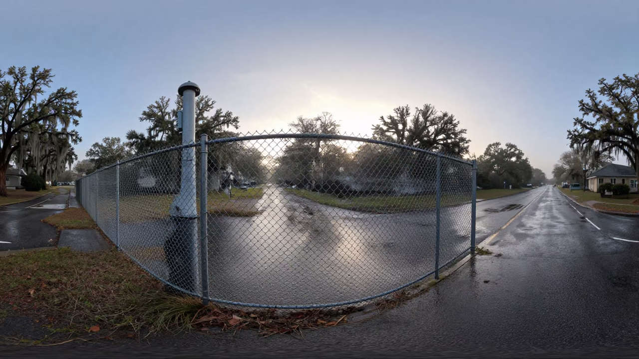 Pre-Dawn Charleston Substation Fence with Dew and Oil-Sheen Rainwater in in Charleston, South Carolina, United States