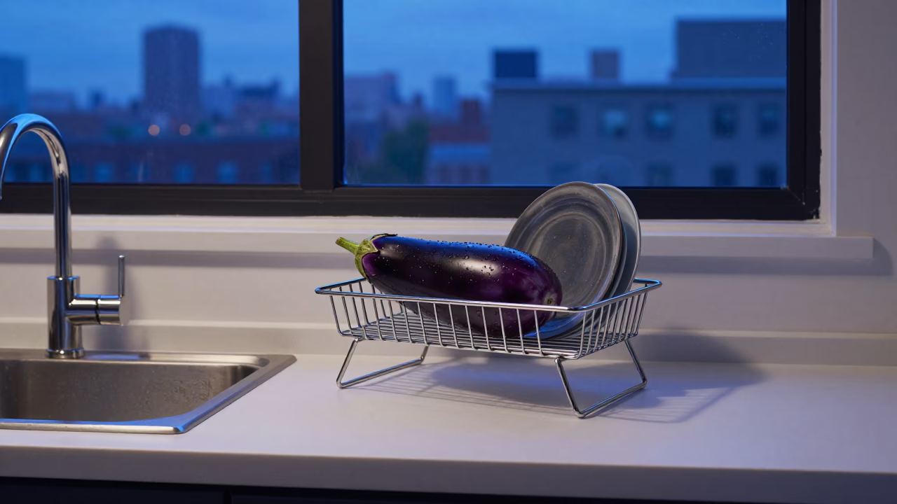 Pre-dawn Chicago Kitchen Counter with Eggplants and Drying Rack in in Chicago, Illinois, United States