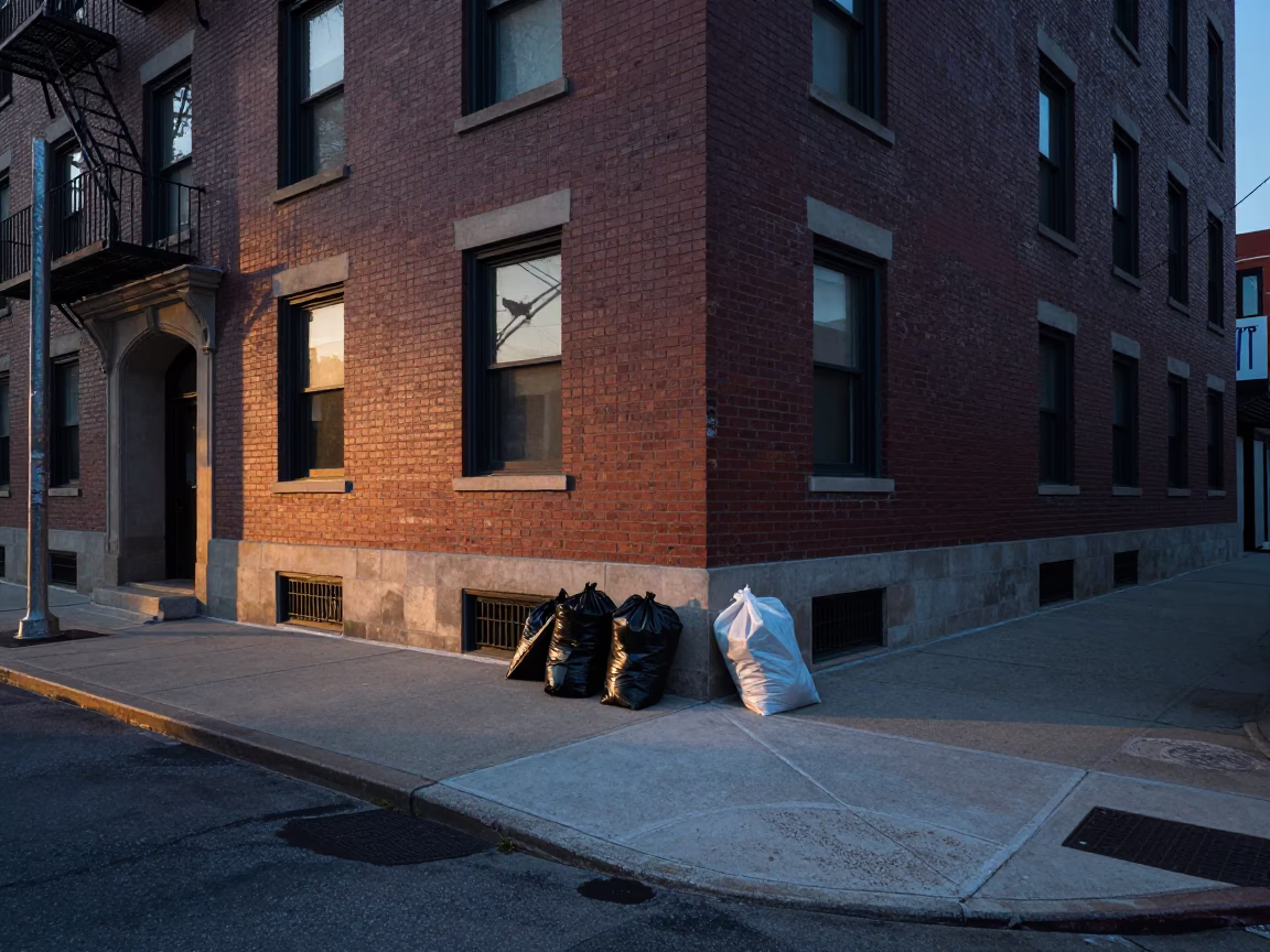 Pre-dawn Chicago Street Corner with Trash Bags and Urban Architecture in in Chicago, Illinois, United States