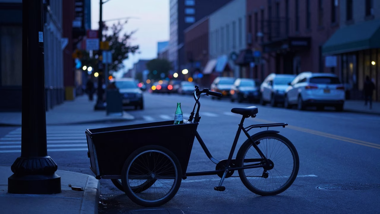 Pre-dawn Chicago Street Scene with Cargo Bicycle and Bottle on Wet Pavement in in Chicago, Illinois, United States