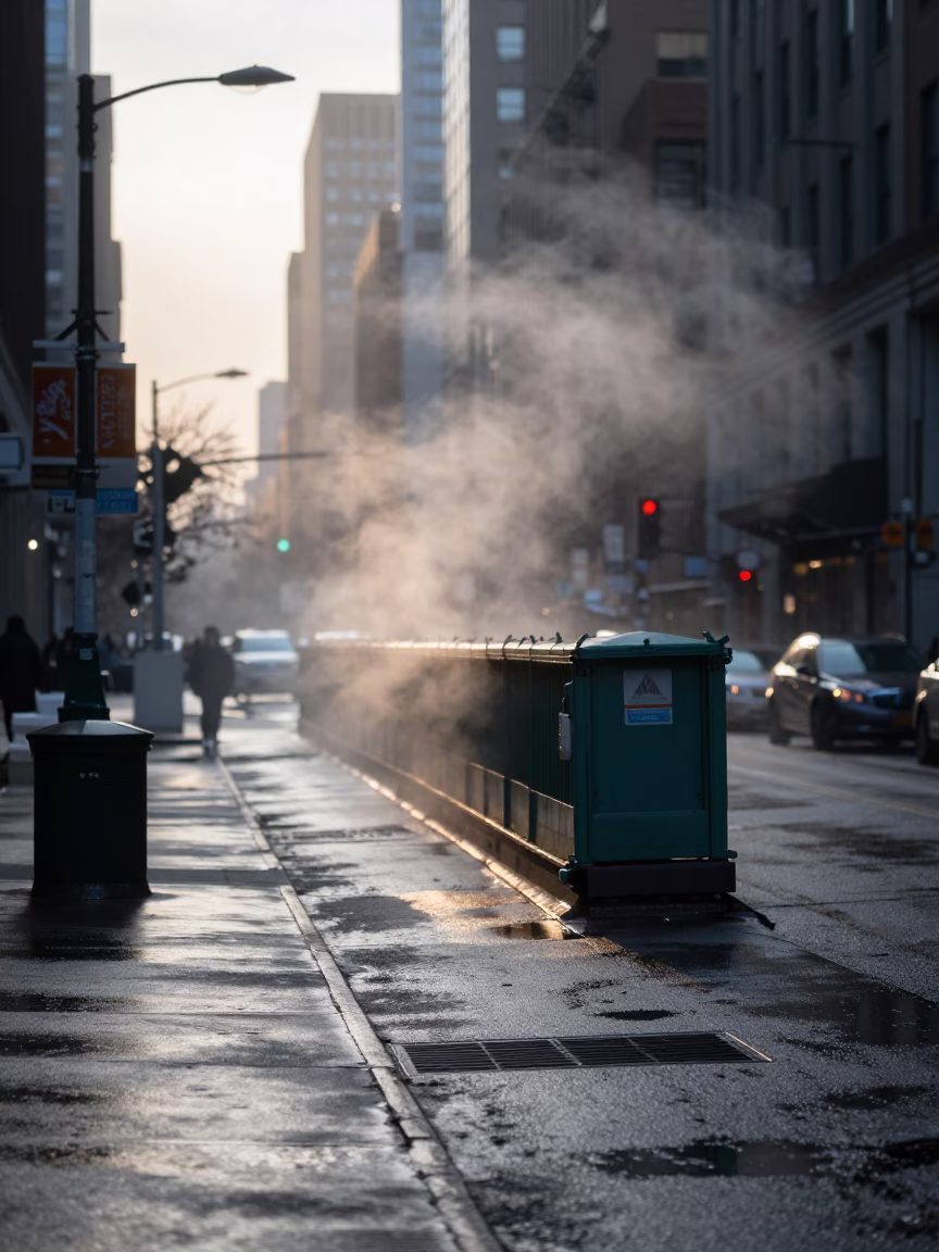Pre-Dawn Chicago Street Scene with Steam Haze and Urban Solitude in in Chicago, Illinois, United States