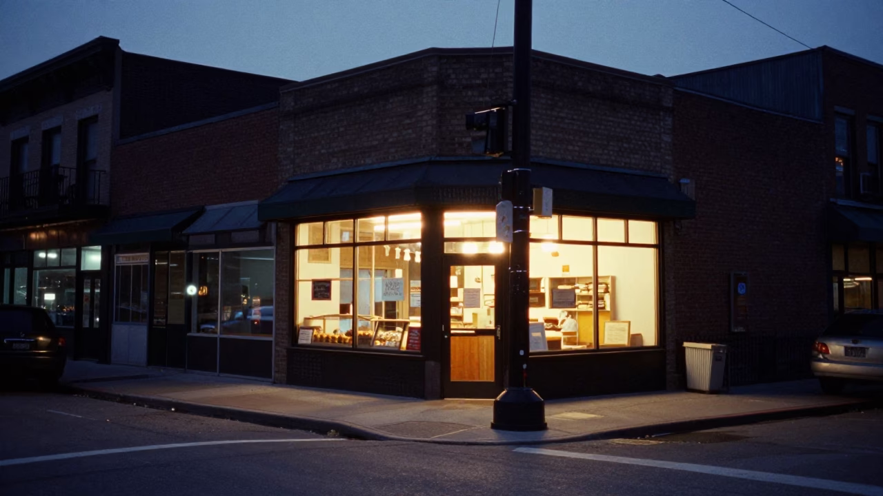 Pre-dawn Chicago street scene with warm light from bakery window and parked cars in in Chicago, Illinois, United States