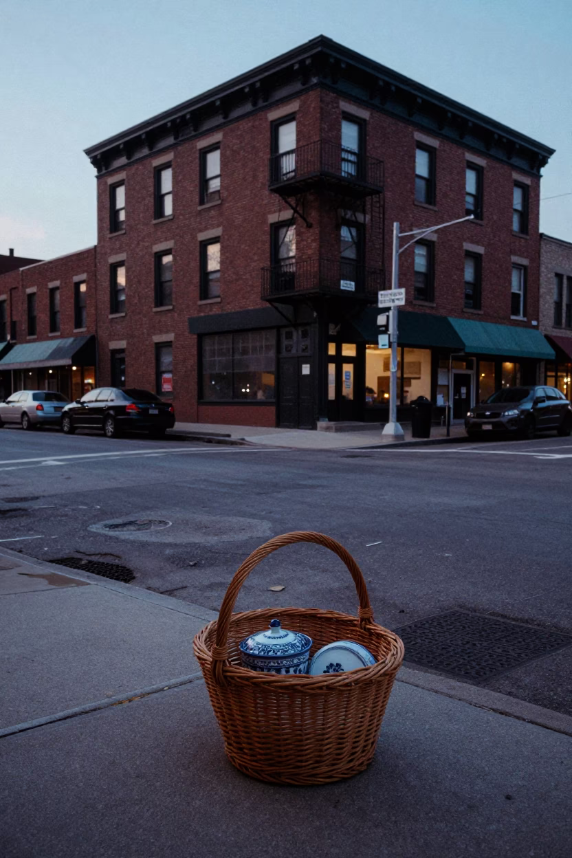 Pre-dawn Chicago Street Scene with Wicker Basket and Porcelain Jar in in Chicago, Illinois, United States