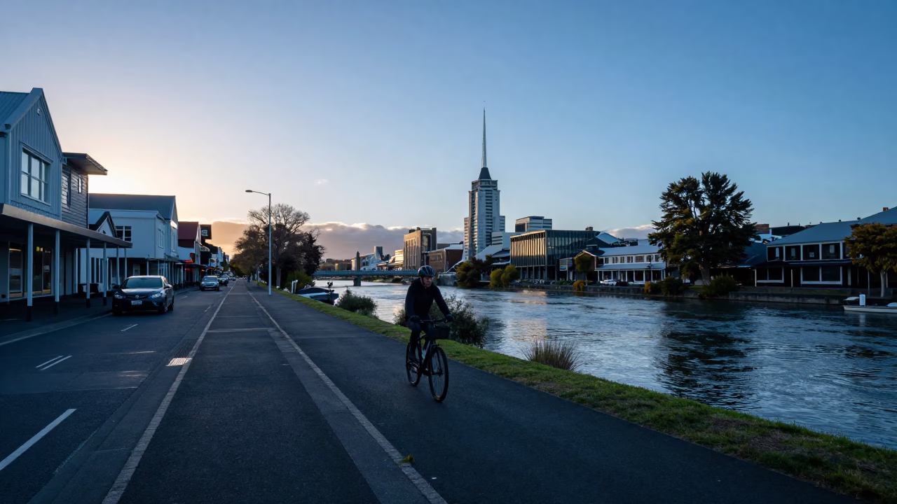 Pre-dawn Christchurch New Zealand street scene with morning light and urban details in in Christchurch, New Zealand