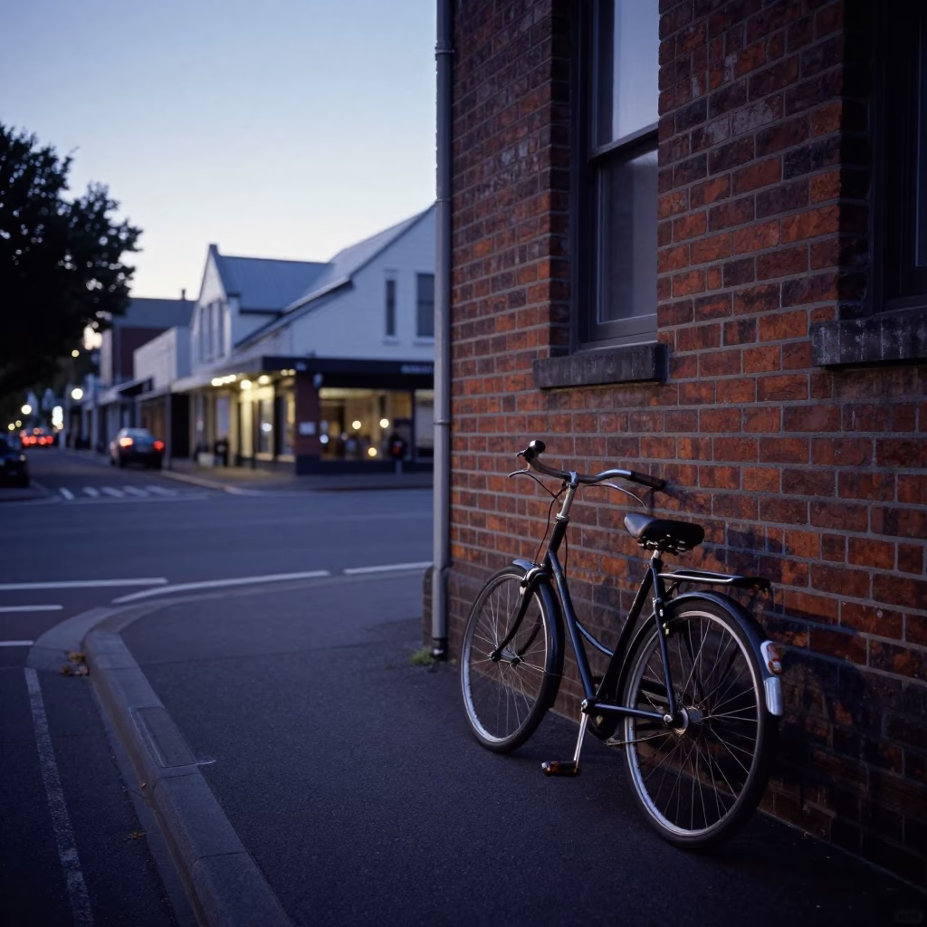 Pre-dawn Christchurch New Zealand Street Scene with Vintage Bicycle and Urban Infrastructure in in Christchurch, New Zealand
