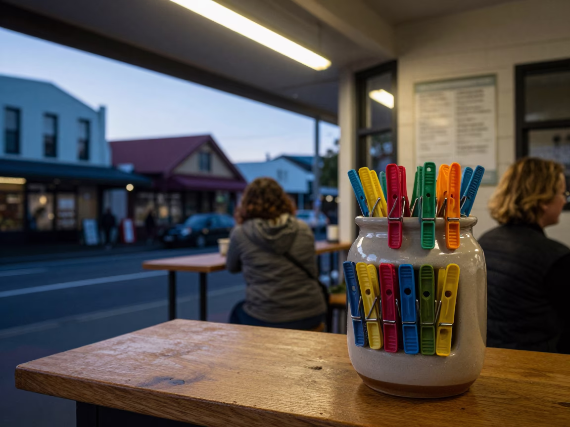Pre-dawn Christchurch street scene with clothespin jar on café counter in in Christchurch, New Zealand