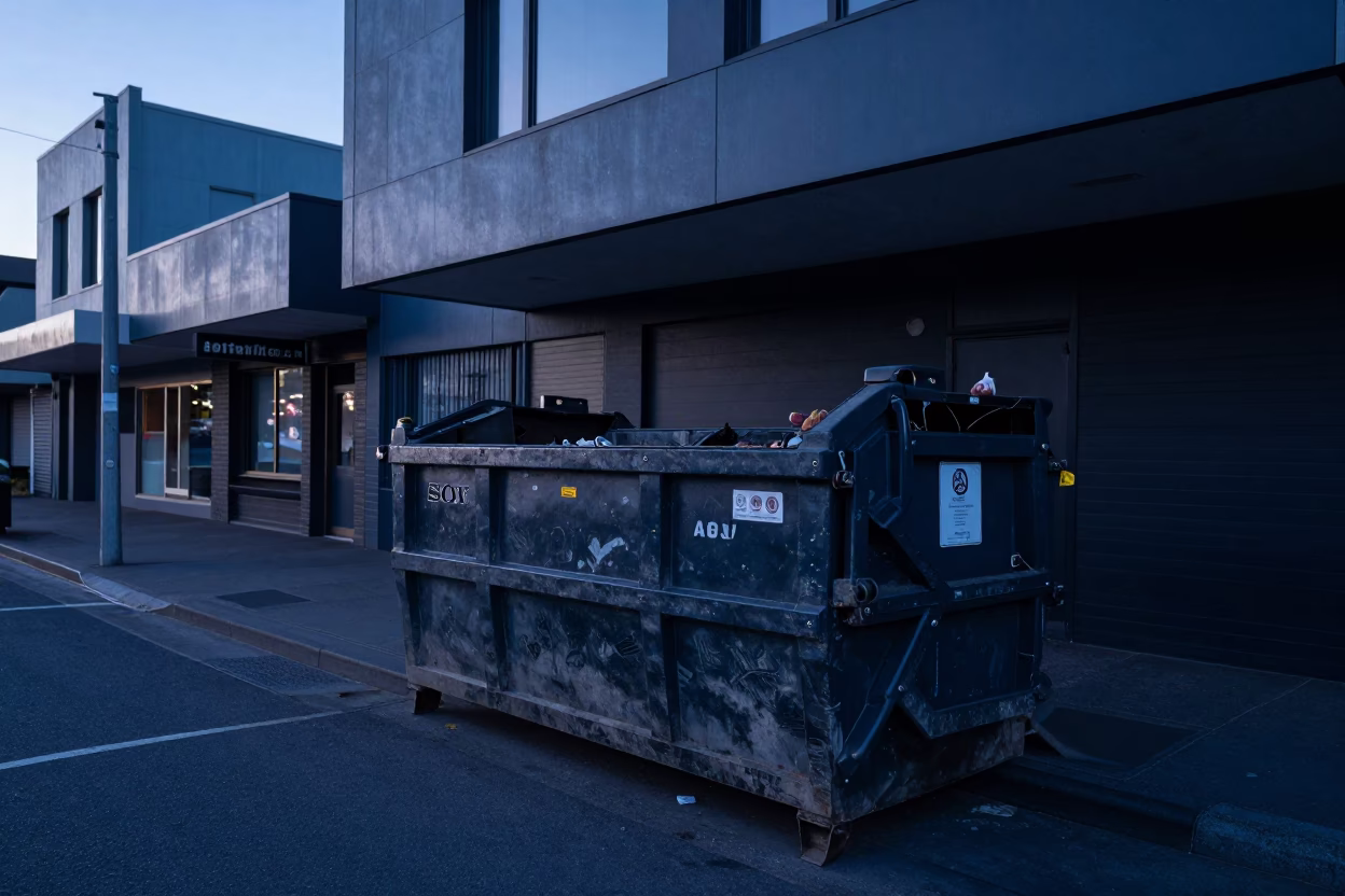 Pre-dawn Christchurch street scene with demolition dumpster and fig tree in in Christchurch, New Zealand