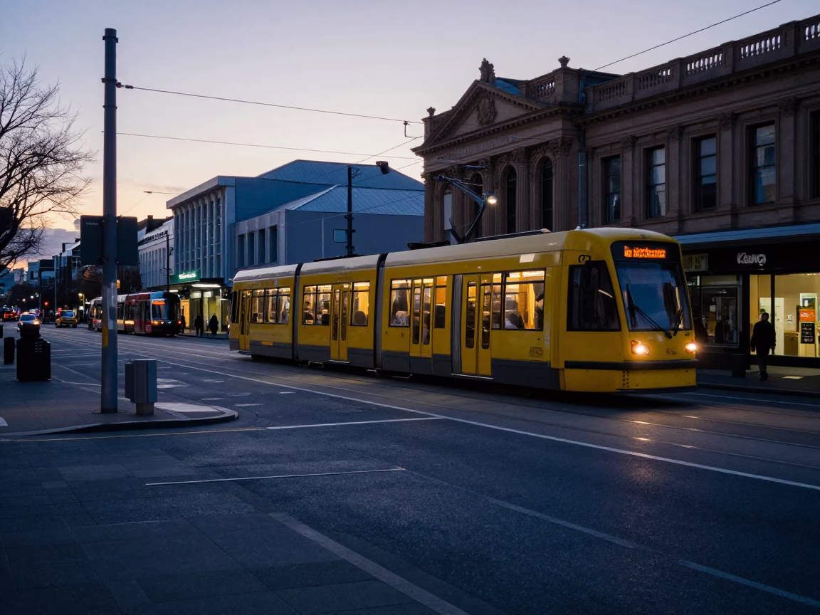 Pre-dawn Christchurch street scene with tram and urban infrastructure in in Christchurch, New Zealand