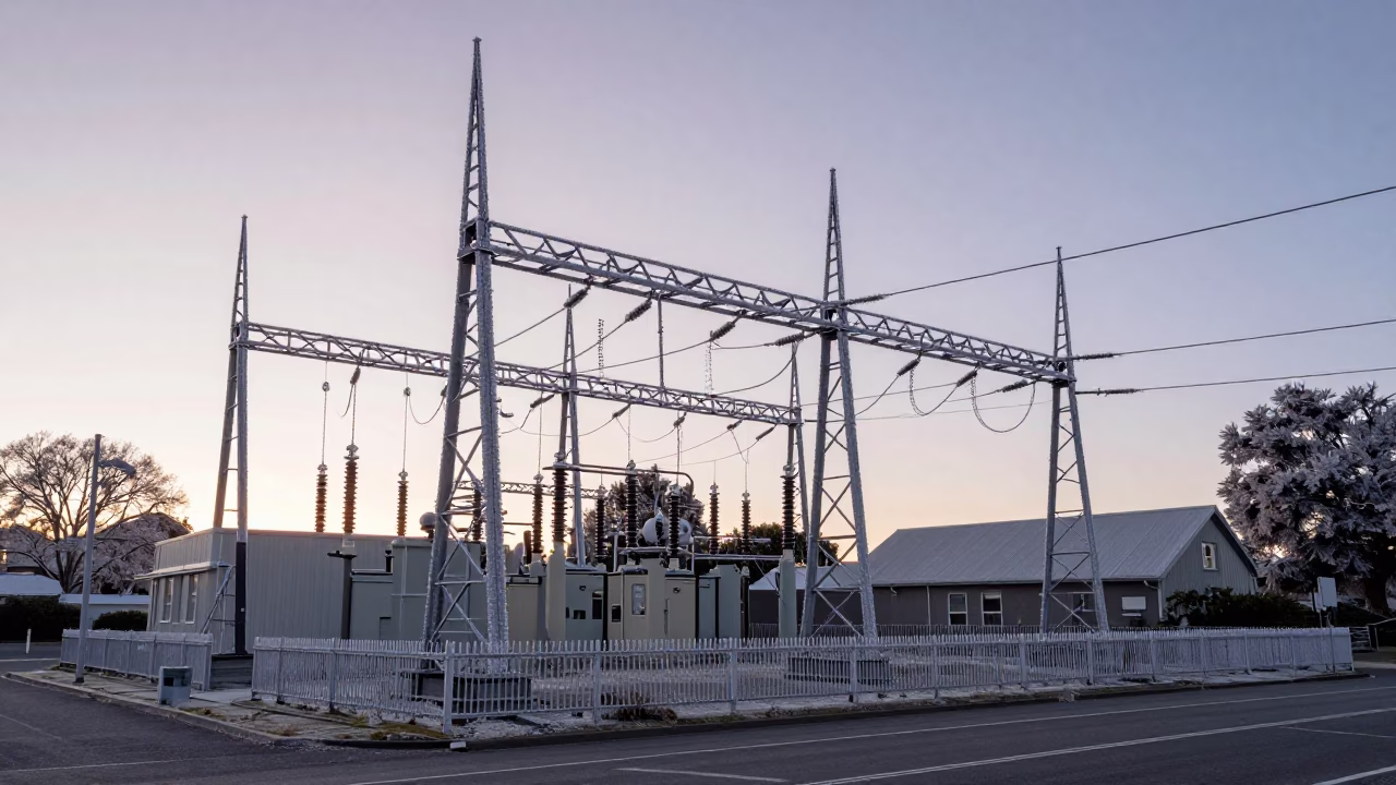 Pre-dawn Christchurch street scene with transmission substation in hoarfrost and historic viaduct arches in in Christchurch, New Zealand