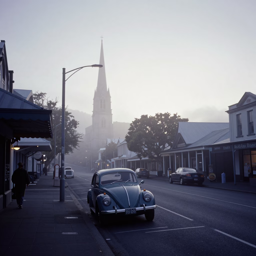 Pre-dawn Christchurch street scene with vintage car and local shop in in Christchurch, New Zealand