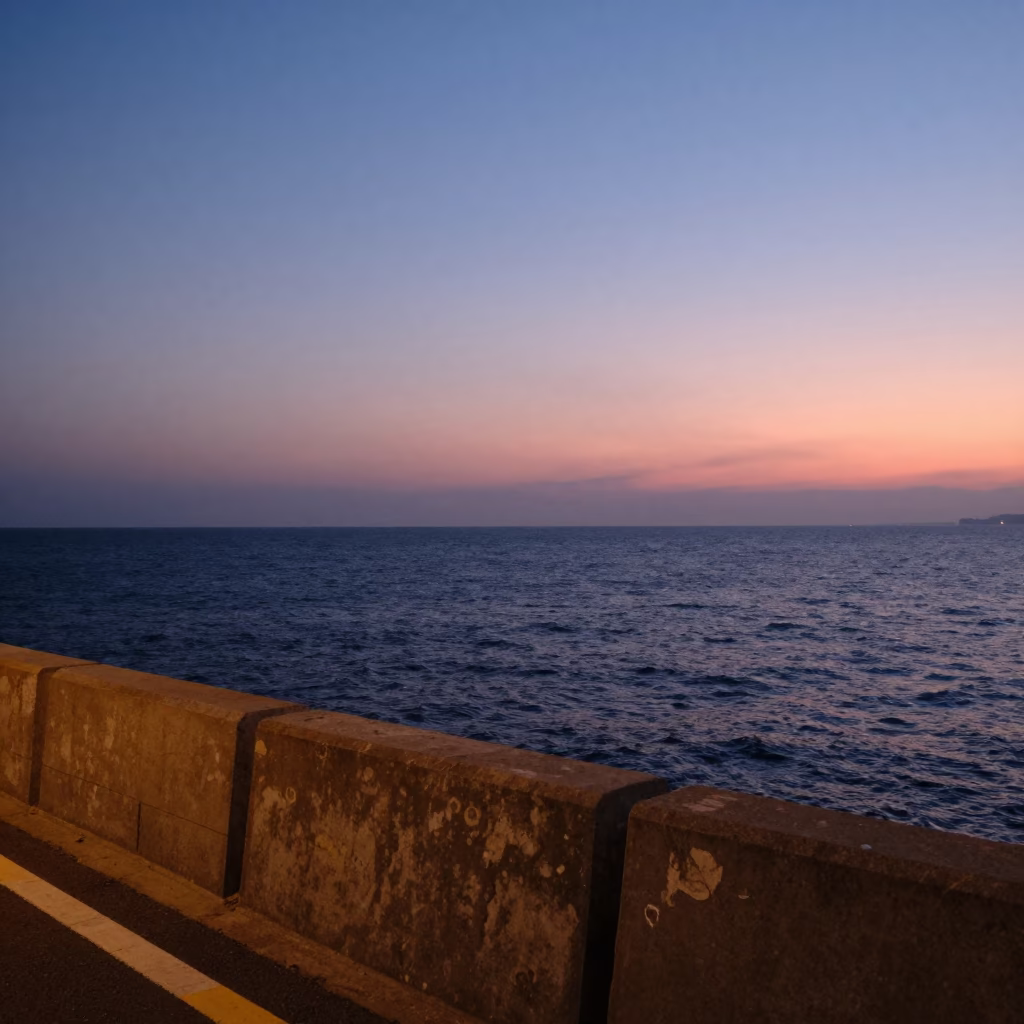Pre-Dawn Coastal Horizon View from Busan South Korea Street Corner in in Busan, South Korea