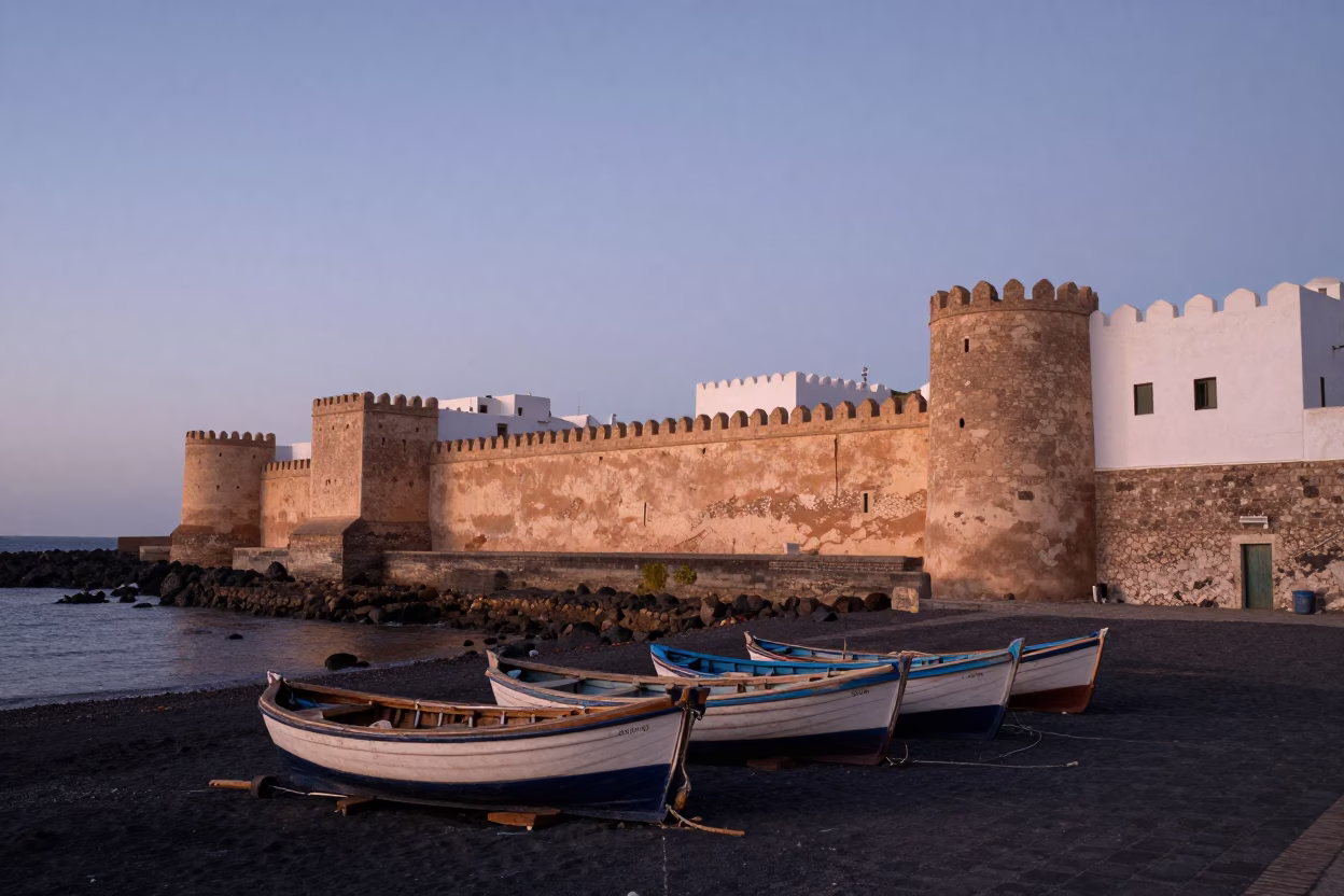 Pre-dawn coastal light on Essaouira medina walls and weathered fishing boats in in Essaouira, Morocco