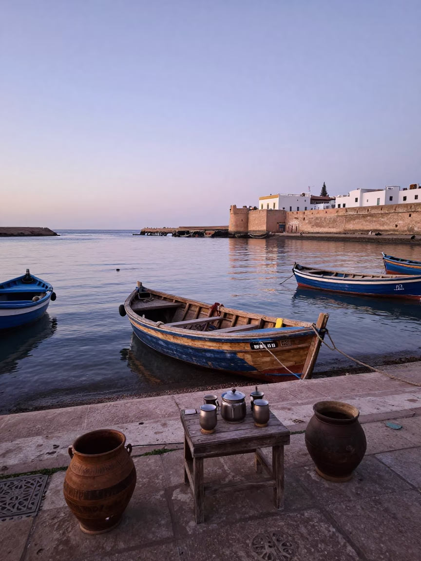 Pre-dawn coastal scene in Essaouira Morocco with traditional tea setup and fishing boats in in Essaouira, Morocco