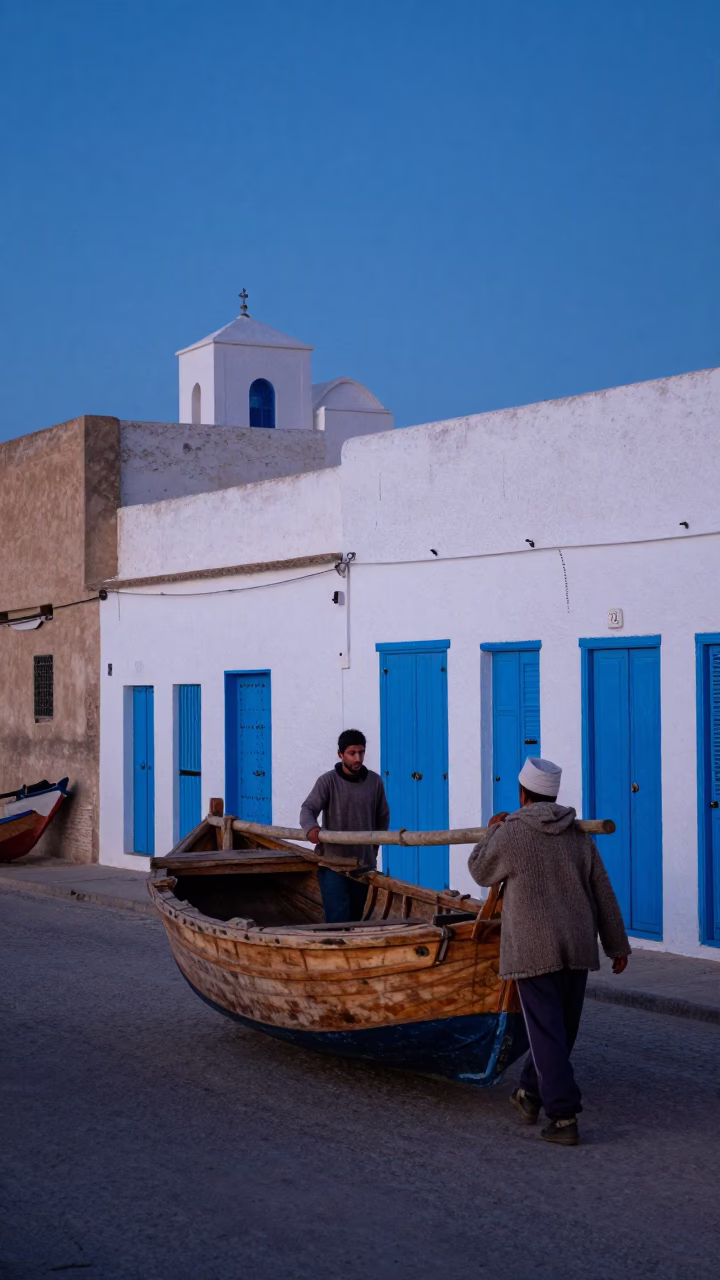 Pre-Dawn Coastal Street in Essaouira Morocco with Fishermen and Traditional Wooden Boats in in Essaouira, Morocco