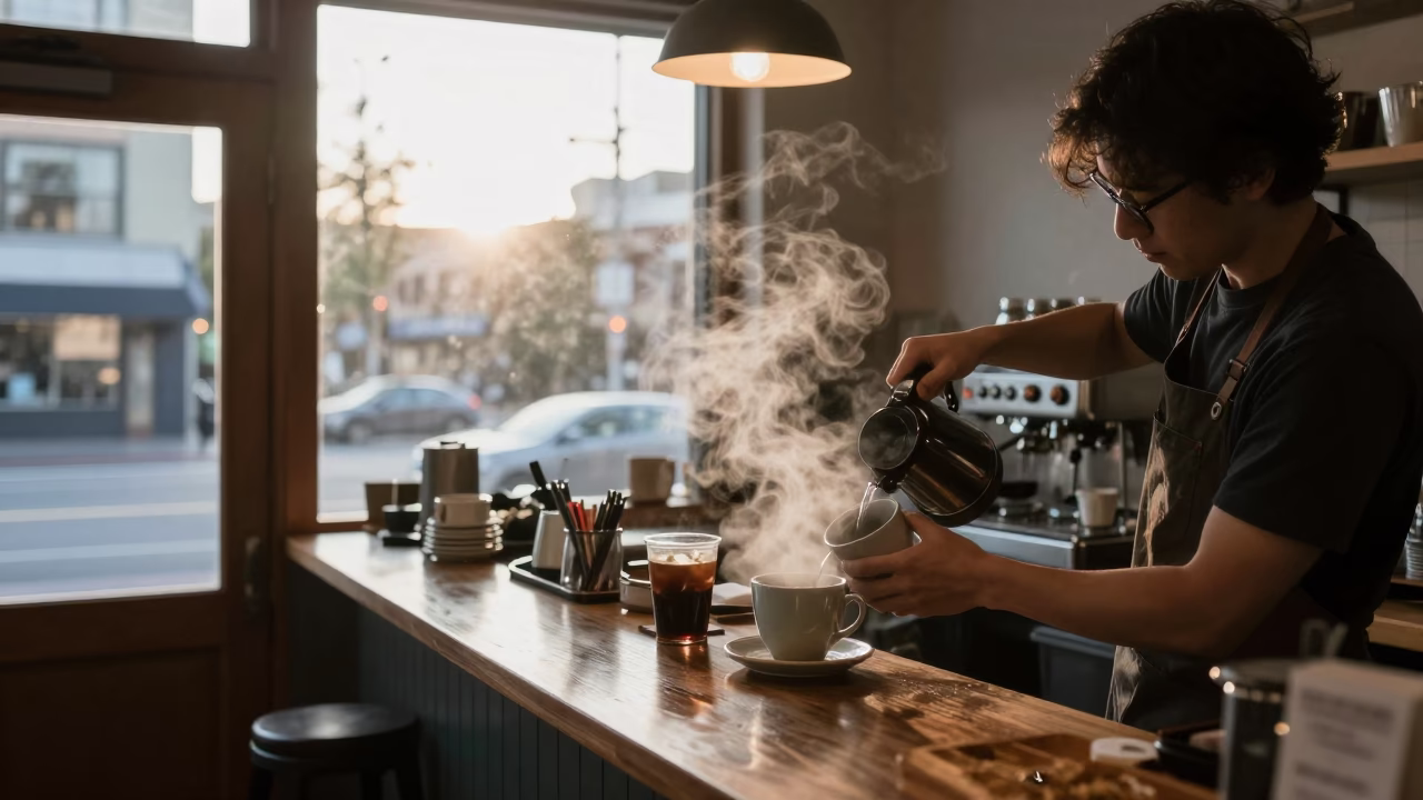 Pre-dawn coffee shop interior in Seattle Washington with steam and urban morning light in in Seattle, Washington, United States
