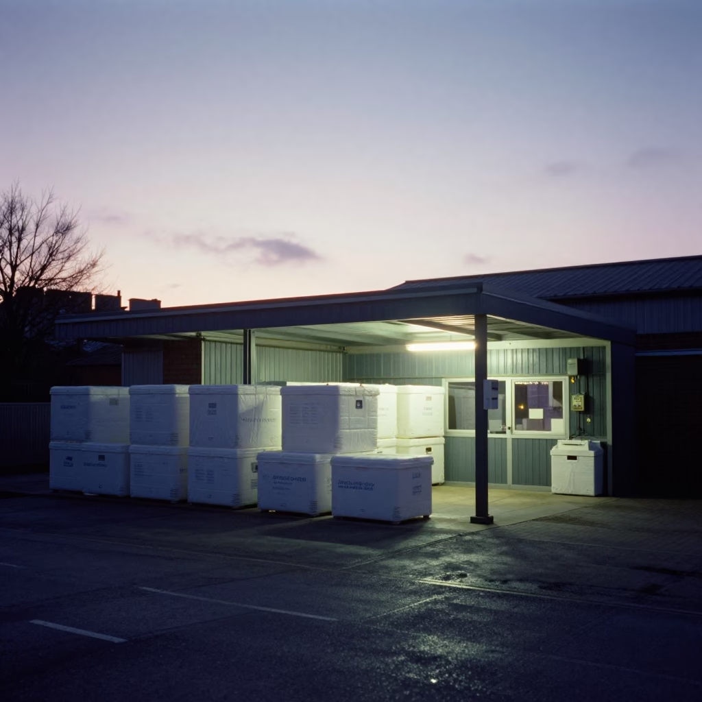 Pre-dawn Cold Chain Logistics Hub in Bristol United Kingdom with Insulated Crates in in Bristol, United Kingdom
