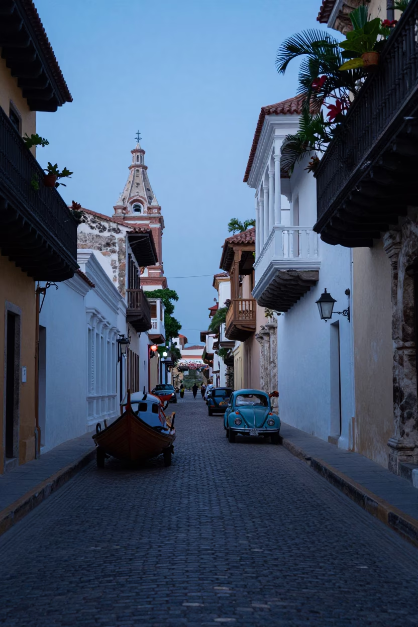Pre-Dawn Colonial Street in Cartagena Colombia with Dhow and Beetle in in Cartagena, Colombia