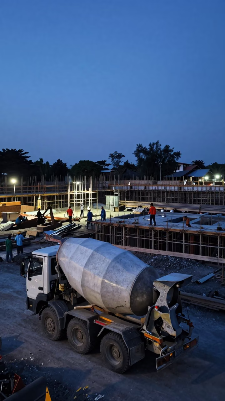 Pre-Dawn Construction Activity in Yogyakarta Indonesia with Workers and Tools in in Yogyakarta, Indonesia