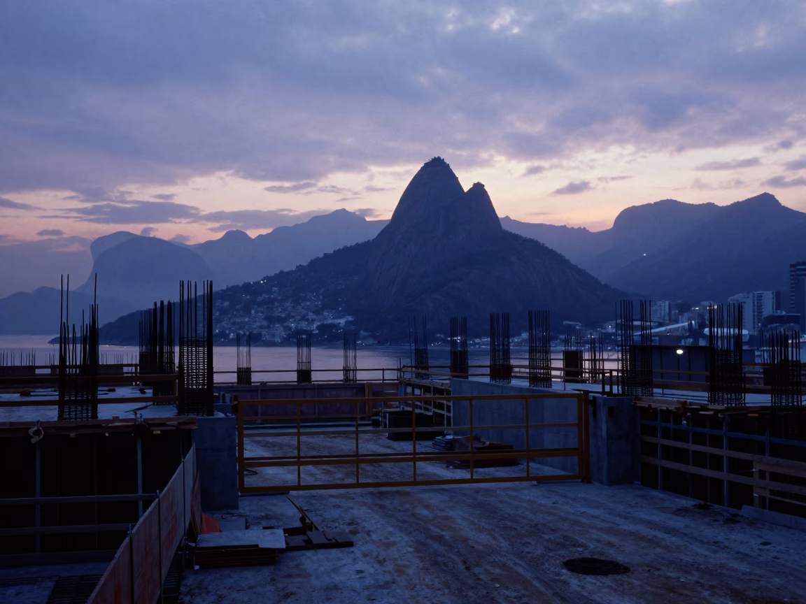 Pre-Dawn Construction Site in Rio de Janeiro with Rebar and Elevator Gate in in Rio de Janeiro, Brazil
