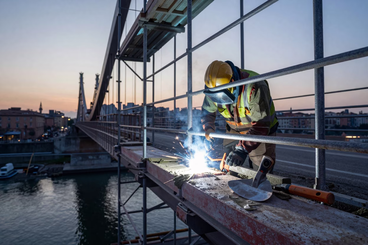 Pre-Dawn Construction Work on Milan Bridge with Mason Tools and Sparks in in Milan, Italy