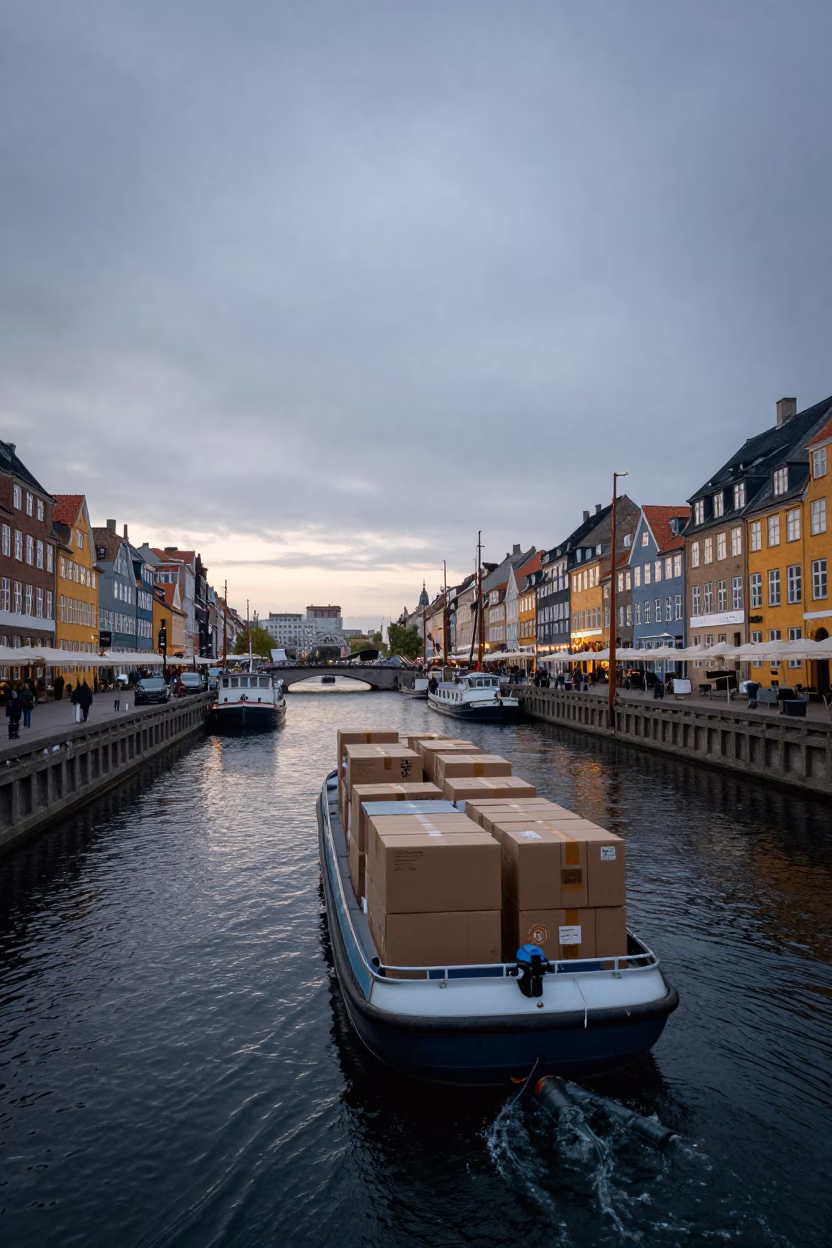 Pre-dawn Copenhagen Canal Barge Cargo Transit Under Gray Sky in in Copenhagen, Denmark