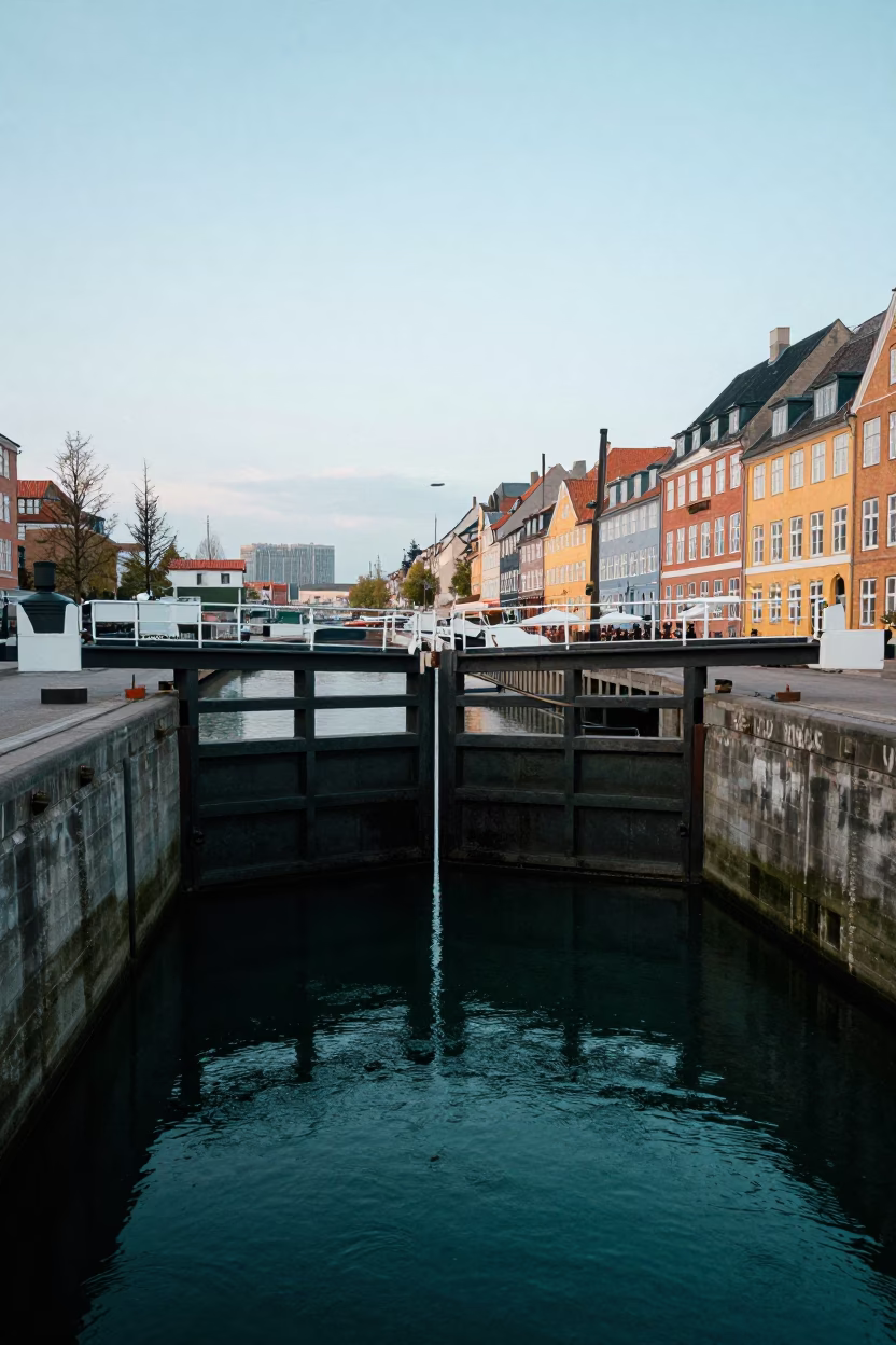 Pre-dawn Copenhagen Canal Lock Gate Closing on Still Green Water in in Copenhagen, Denmark