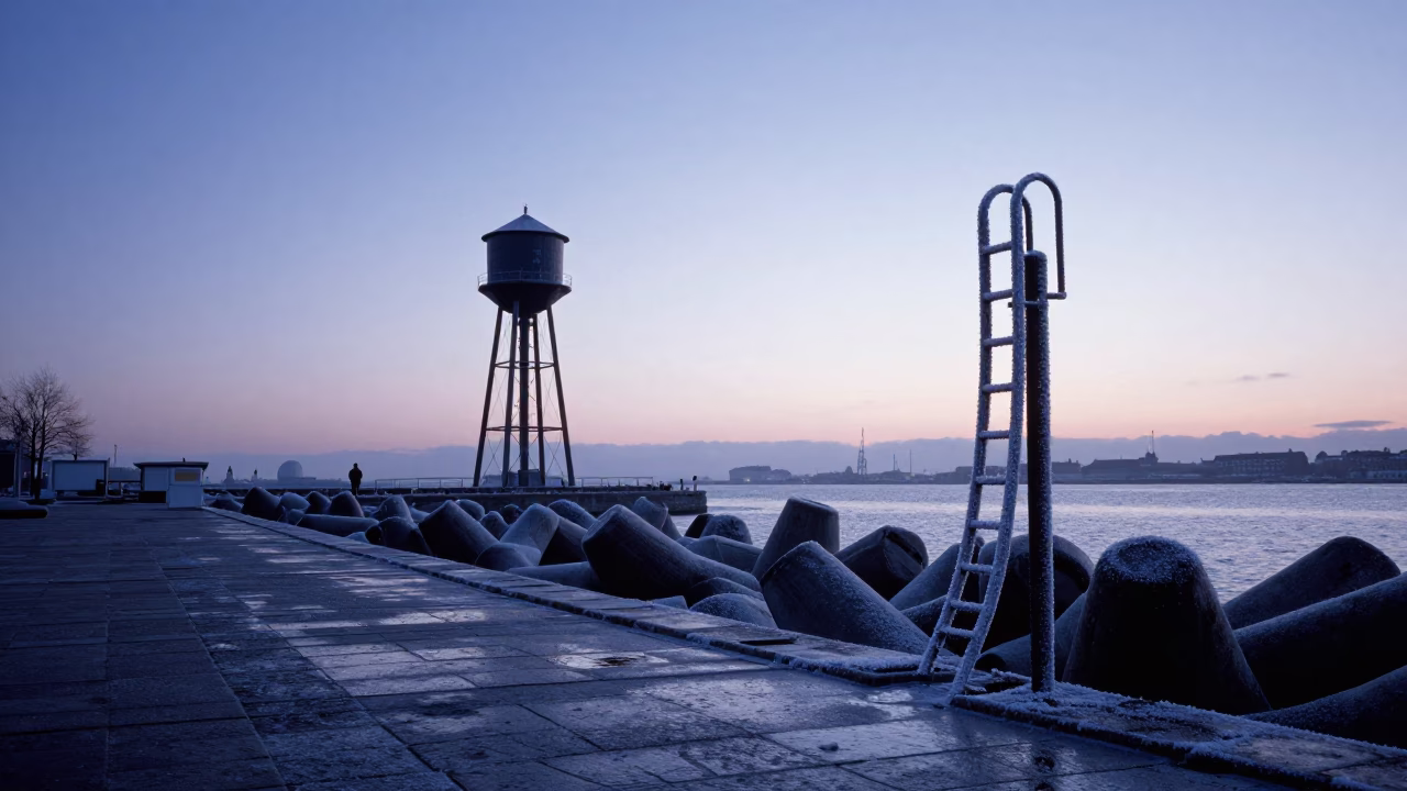 Pre-dawn Copenhagen Harbor Breakwater and Frosty Water Tower Ladder in Blue Hour in in Copenhagen, Denmark