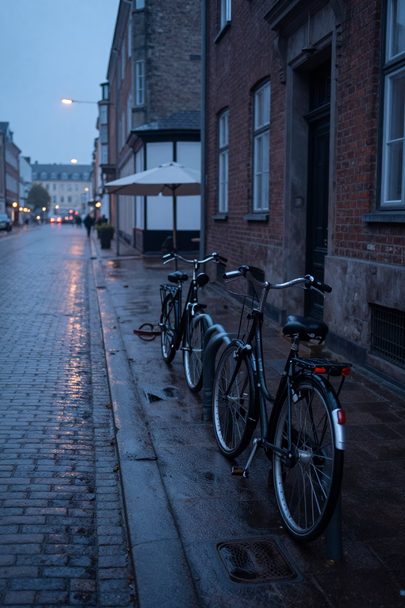 Pre-dawn Copenhagen street scene with bicycle rack and damp pavement in in Copenhagen, Denmark