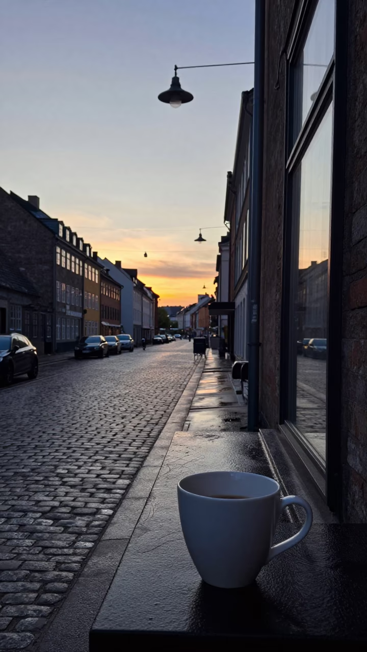 Pre-Dawn Copenhagen Street Scene with Ceramic Cup and Window Condensation in in Copenhagen, Denmark