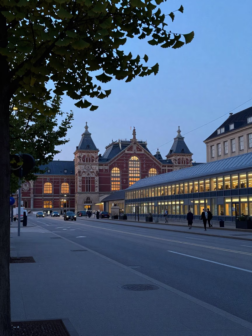 Pre-dawn Copenhagen Street Scene with Ginkgo Leaves and Glass Train Station in in Copenhagen, Denmark