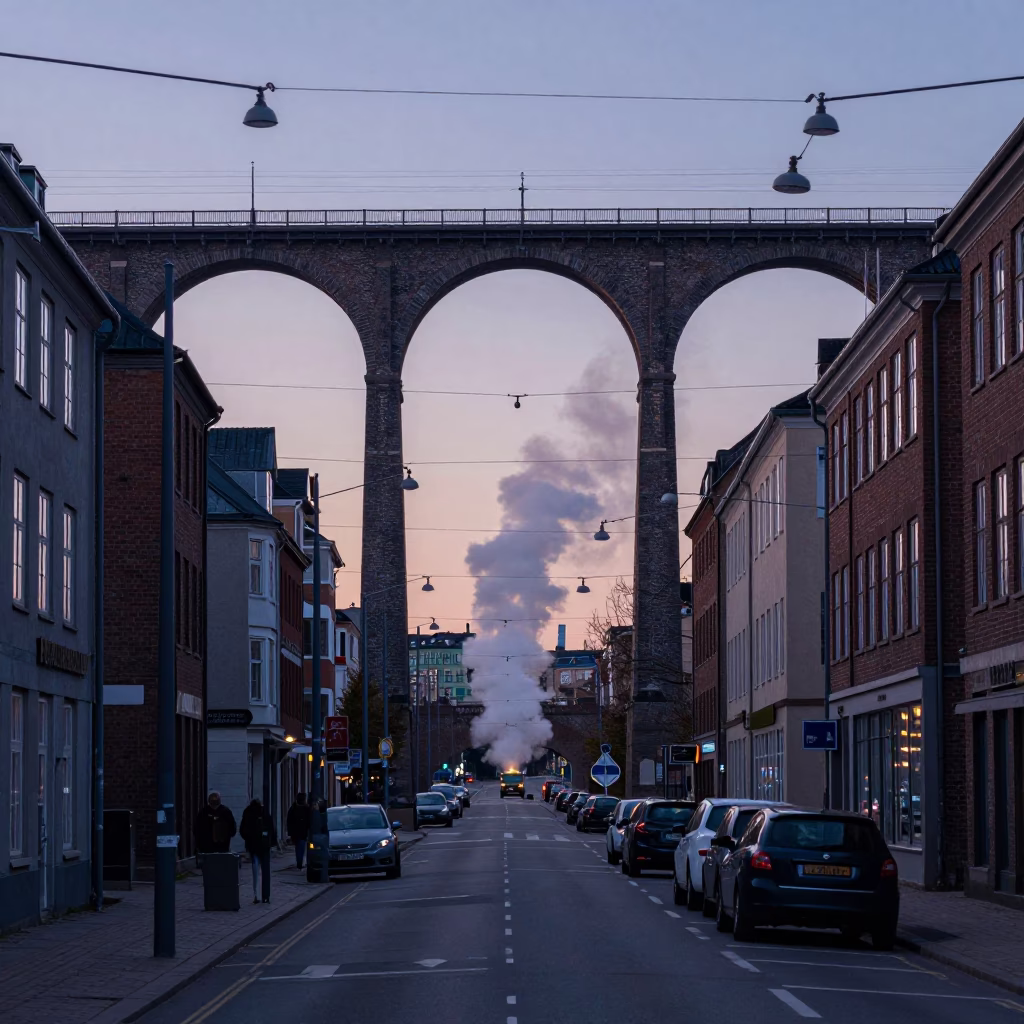 Pre-dawn Copenhagen Street Scene with Railway Viaduct and Steam Train in in Copenhagen, Denmark
