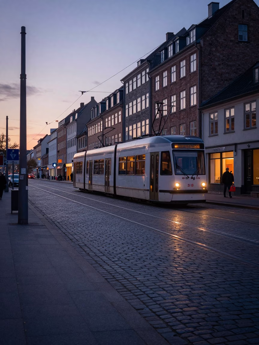 Pre-dawn Copenhagen street scene with tram tracks and morning light in in Copenhagen, Denmark