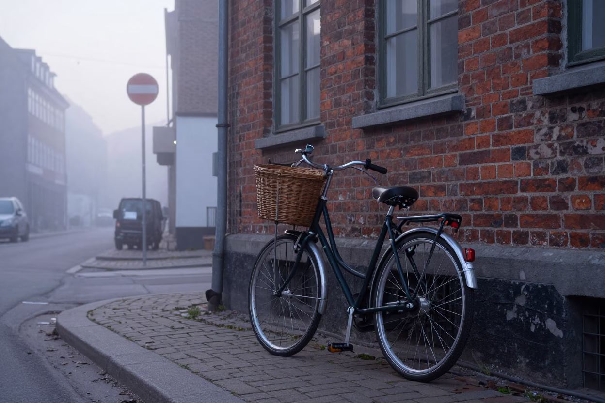 Pre-dawn Copenhagen street scene with vintage bicycle and misty canal reflections in in Copenhagen, Denmark