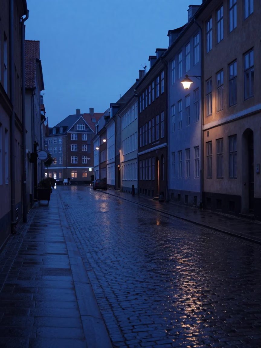 Pre-dawn Copenhagen street scene with wet cobblestones and brushed steel handle in in Copenhagen, Denmark