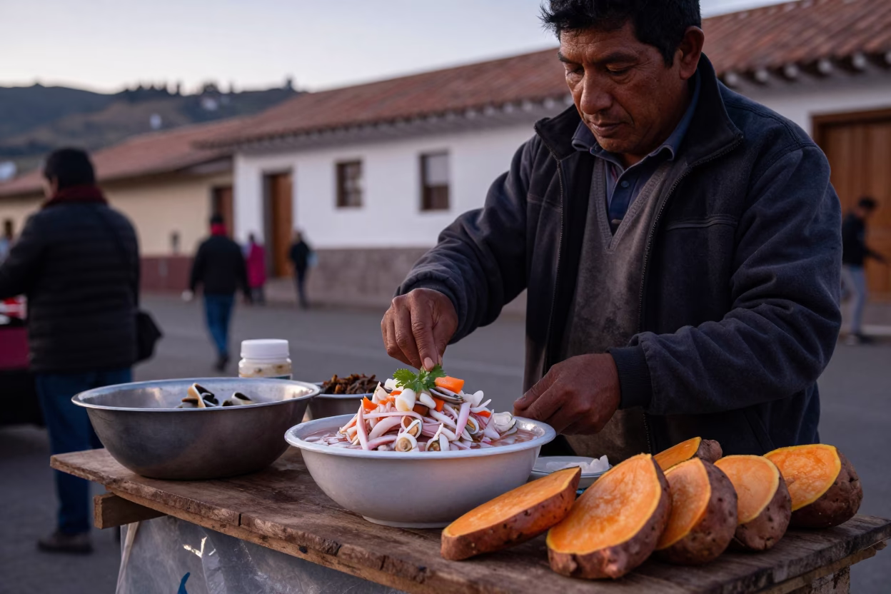 Pre-dawn Cusco street market vendor preparing ceviche with sweet potato slices in in Cusco, Peru
