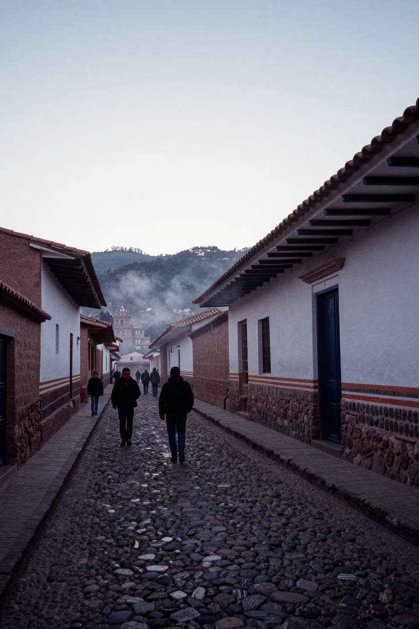 Pre-dawn Cusco street scene with adobe walls and early morning light in Peru in in Cusco, Peru