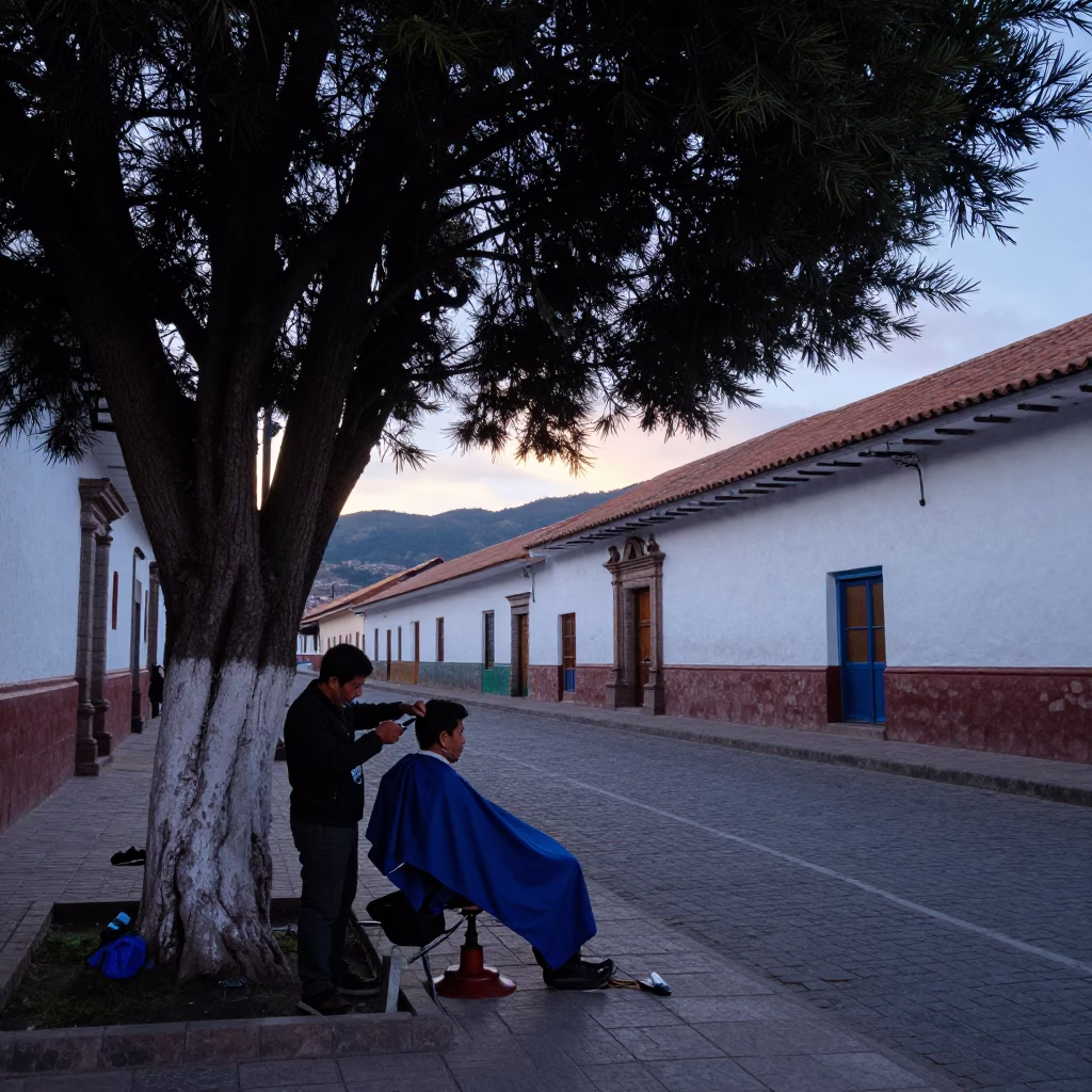 Pre-dawn Cusco Street Scene with Barber and Traditional Andean Architecture in in Cusco, Peru