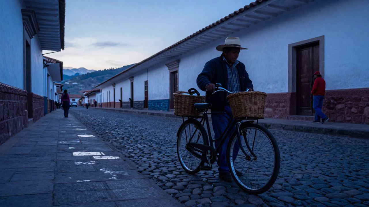 Pre-dawn Cusco street scene with bicycle basket and colonial architecture in in Cusco, Peru