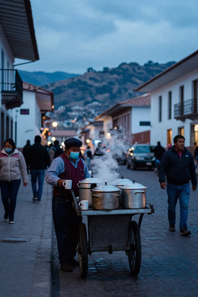 Pre-dawn Cusco street scene with coffee mugs and bustling market vendors in Peru in in Cusco, Peru