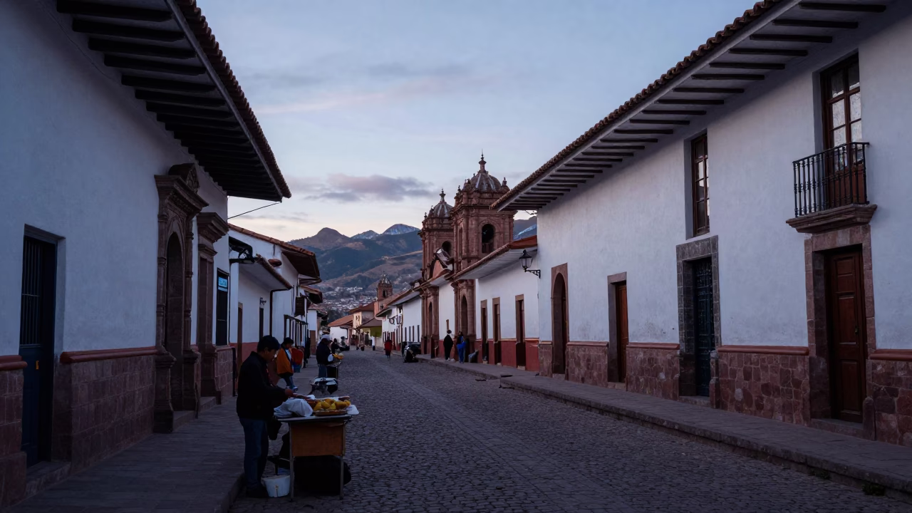 Pre-dawn Cusco Street Scene with Colonial Architecture and Local Morning Activity in in Cusco, Peru