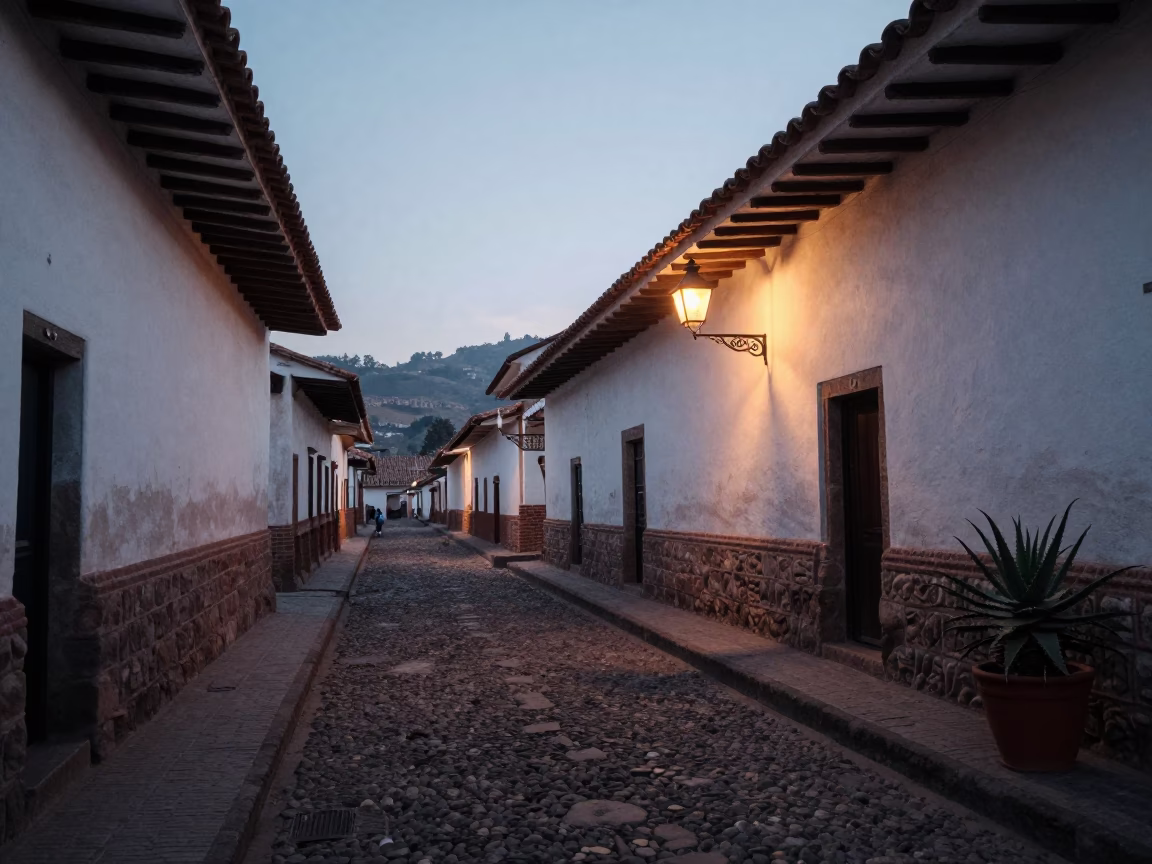 Pre-dawn Cusco Street Scene with Lantern Light and Aloe Vera Plant in in Cusco, Peru