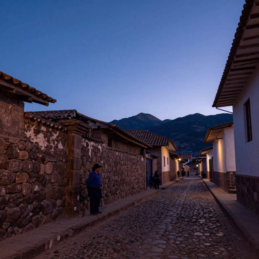 Pre-dawn Cusco Street Scene with Local Vendor and Incan Stone Architecture in in Cusco, Peru