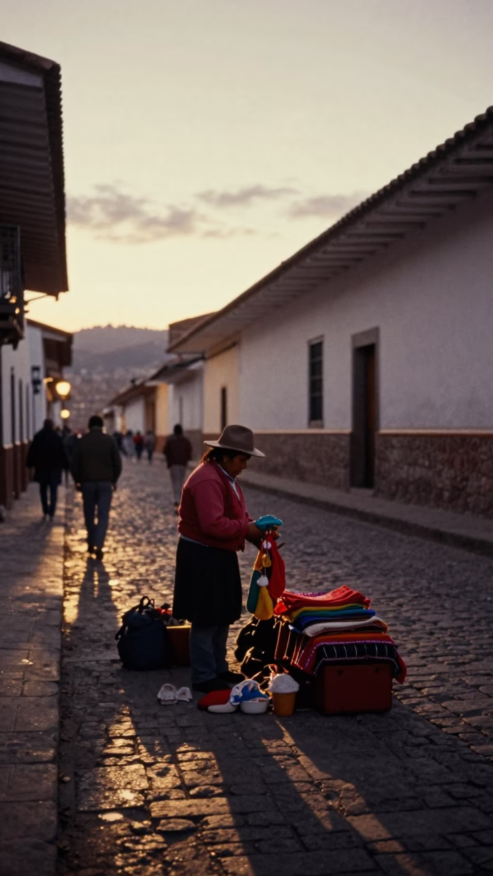 Pre-dawn Cusco street scene with local vendor and traditional textiles in in Cusco, Peru