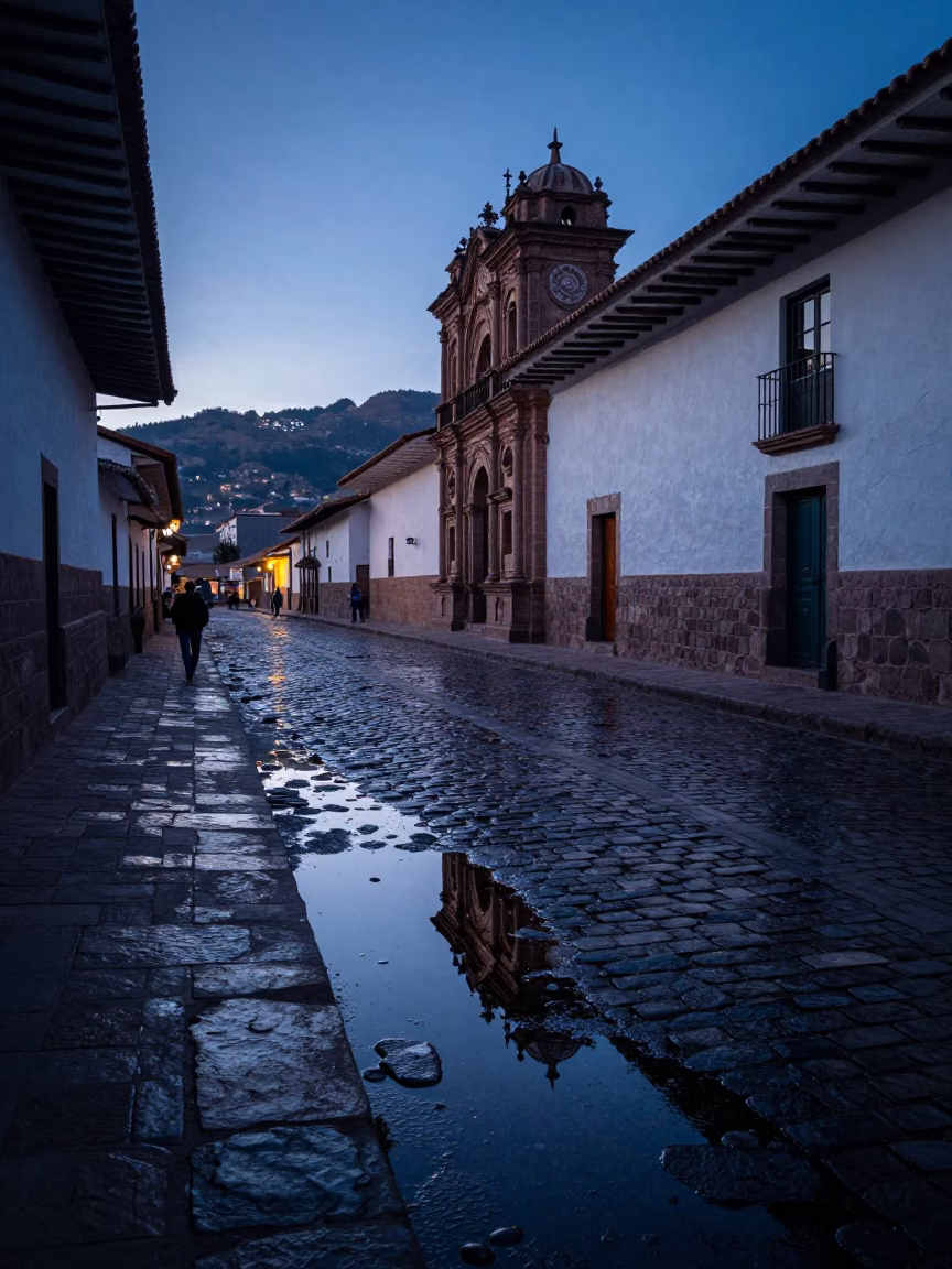Pre-Dawn Cusco Street Scene with Reflections and Andean Architecture in in Cusco, Peru
