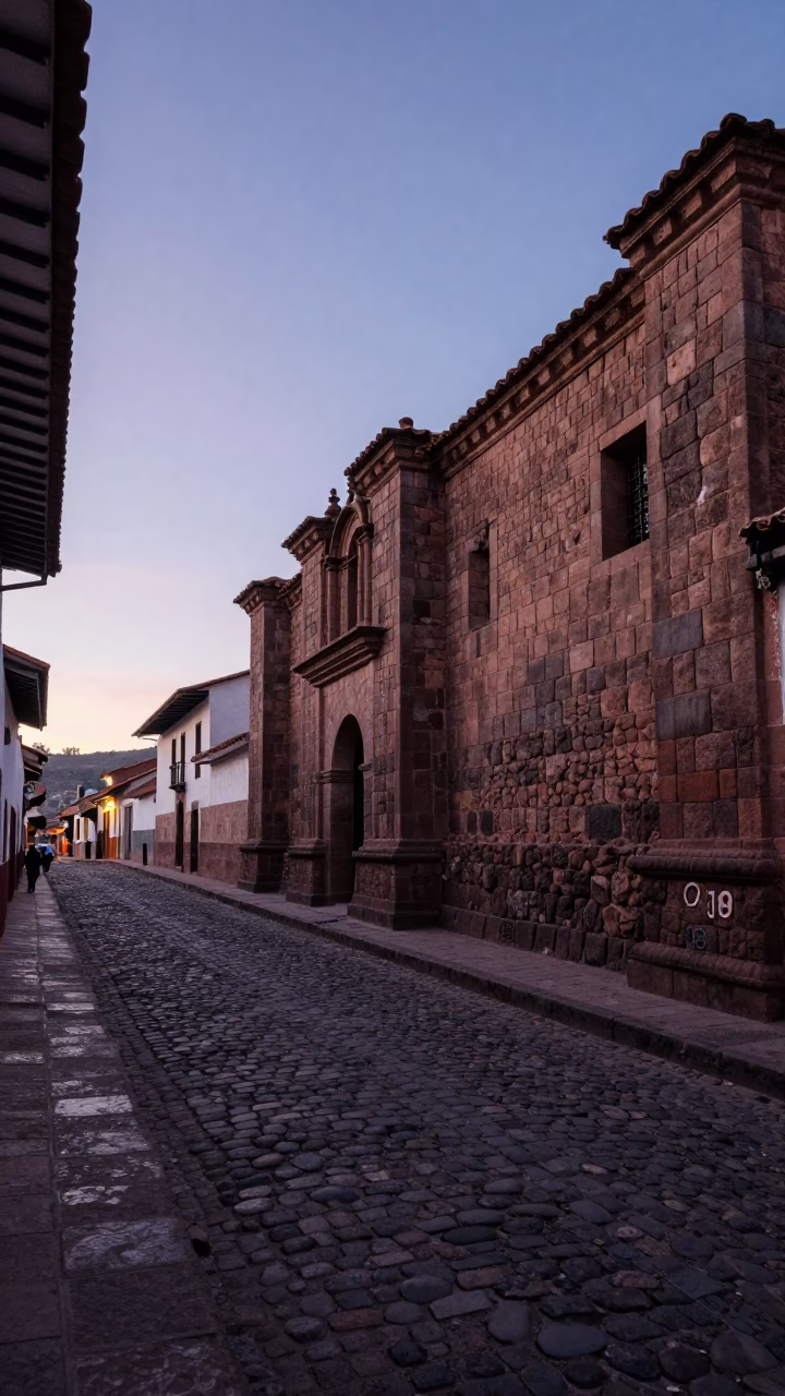 Pre-Dawn Cusco Street Scene with Stone Architecture and Early Morning Light in in Cusco, Peru