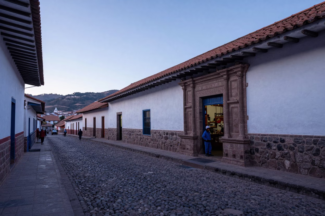 Pre-dawn Cusco Street Scene with Stone Architecture and Local Commerce in in Cusco, Peru