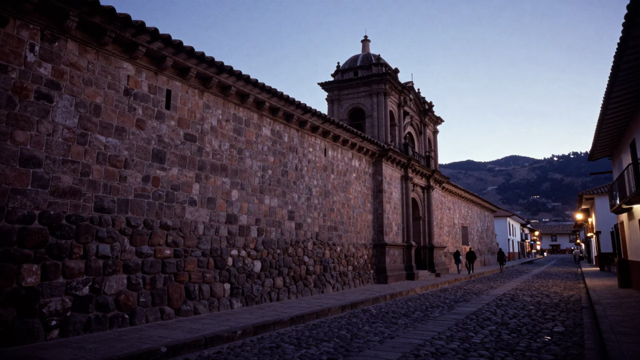 Pre-Dawn Cusco Street Scene with Stone Walls and Local Market Activity in in Cusco, Peru